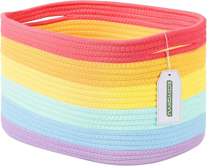 Cotton Rope Storage Basket, 15x10x9 Inches, Woven Basket for Shelves, Clothes, Toys, Towels, Books, and Laundry, Durable and Stylish, Rainbow (1 Pack)-NeatNest