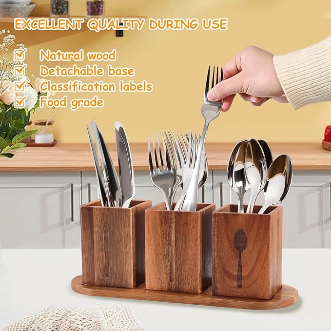 3Pcs Silverware Caddy for Patry, Utensil Holder for Countertop, Silverware Holder Flatware Organizers with tray, Portable Organizer with Wood Tray, Spoon and Fork Holder (Acacia mangium)-NeatNest