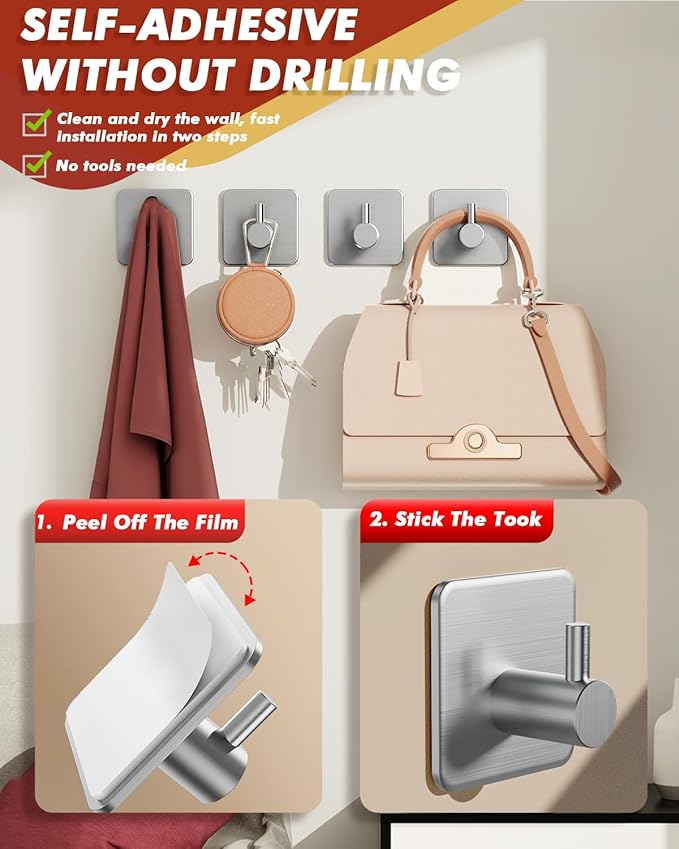 Adhesive Hooks Heavy Duty 30lb(Max) Wall Hooks, 5 Pack Damage Free Stainless Steel Hanger for Hanging Coat, Hat, Towel Robe, Waterproof Oilproof Rustproof Hook for Bathroom Shower Kitchen Office