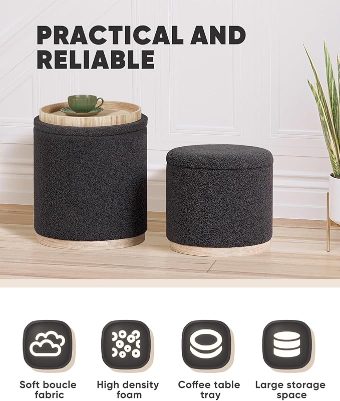 B FSOBEIIALEO Storage Ottoman Round Boucle Ottomans with Tray, Set of 2 Teddy Foot Rest Ottoman Cube with Storage for Living Room, Dark Grey 15"x15"x16.9"