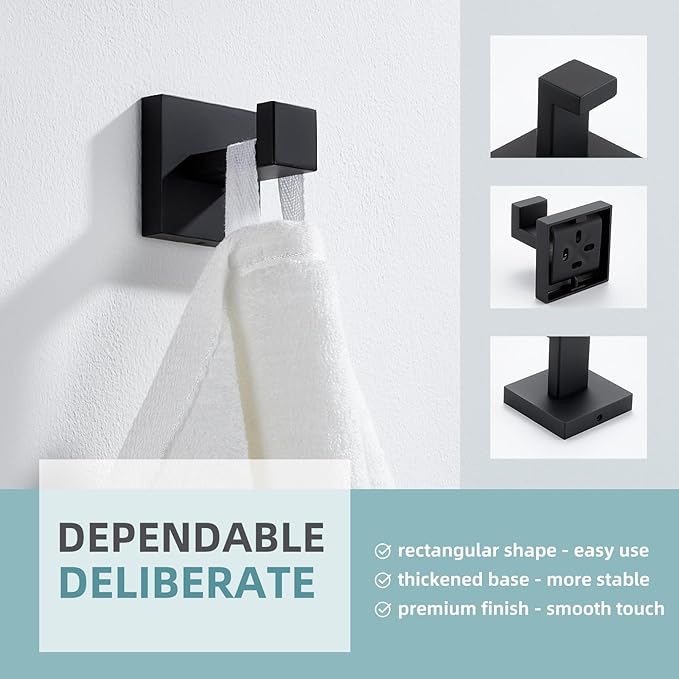 Angle Simple Towel Hook Matte Black, SUS 304 Stainless Steel Coat Robe Hook, Bathroom Hand Towel Hanger for Wall