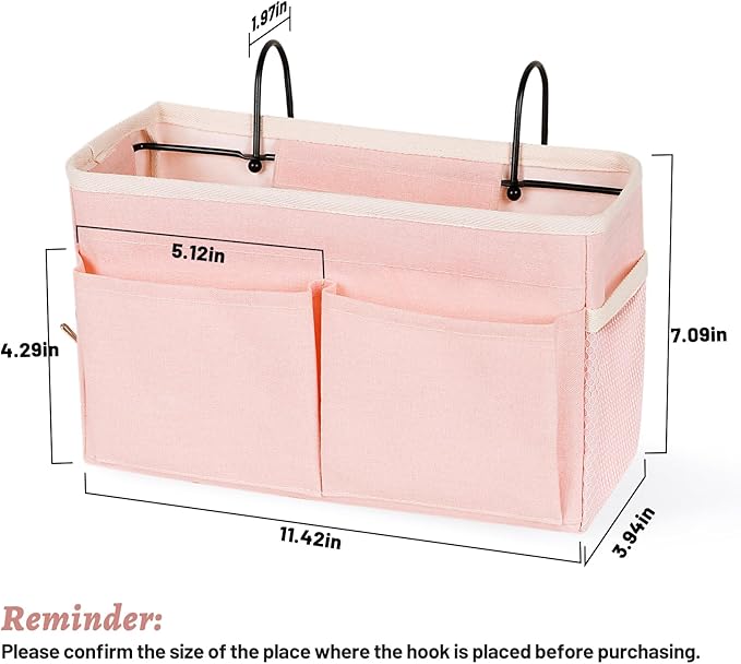 Bedside Caddy Hanging Storage with Water Bottle Holder for Bunk Bed Hospital Bed Dorm Rooms (Pink)-NeatNest