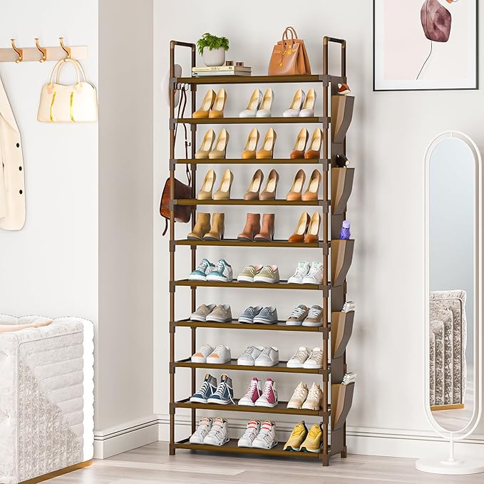 Tall Shoe Rack - 10 Tier Organizer for Closet, 30-35 Pairs, Large Capacity with 5 Hooks and Side Pocket, Sturdy Metal Shoe Shelf, Vertical Shoe Stand Tower-NeatNest