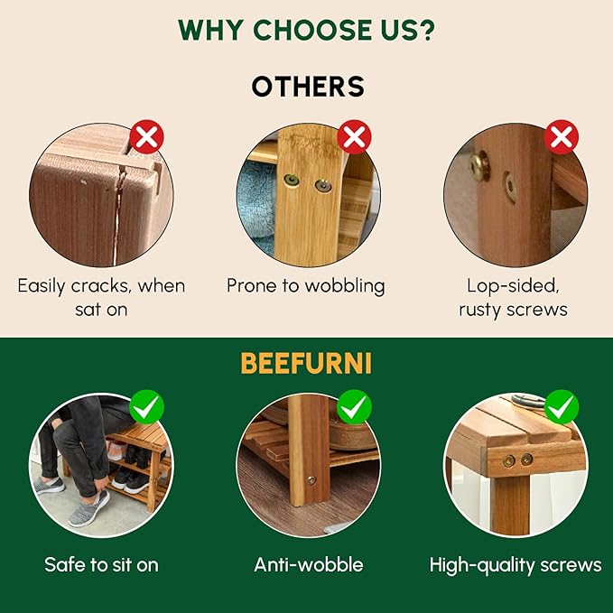 BEEFURNI Acacia Shoe Rack Bench, 3-Tier Sturdy Shoe Storage Bench, Wooden Footwear Organizer, 300 LBS Load Capacity, Perfect for Closet Entryway Bathroom, 1-Year Manufacturer Warranty, Natural Acacia-NeatNest