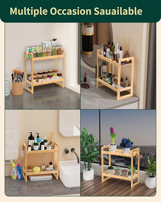 Bamboo Multi-Purpose Organizer, 2 Tier Kitchen Counter Shelf, Natural Brown, 2.56 x 14.37 x 7.08 inches-NeatNest