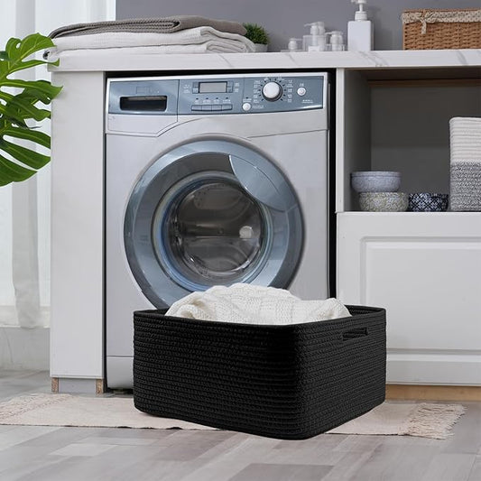 COMFY-HOMI Cotton Rope Woven Basket with Handles for Shelves,Toys,Book, Cloth Storage Baskets for Organizing-17" x 13" x 7.5" Toy Decorative Organizer for Living Room, Bathroom (all black)-NeatNest