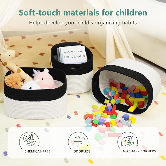 Cotton Rope Storage Basket, 15x10x9 Inches, Woven Basket for Shelves, Clothes, Toys, Towels, Books, and Laundry, Durable and Stylish, Black/ White (1 Pack)-NeatNest