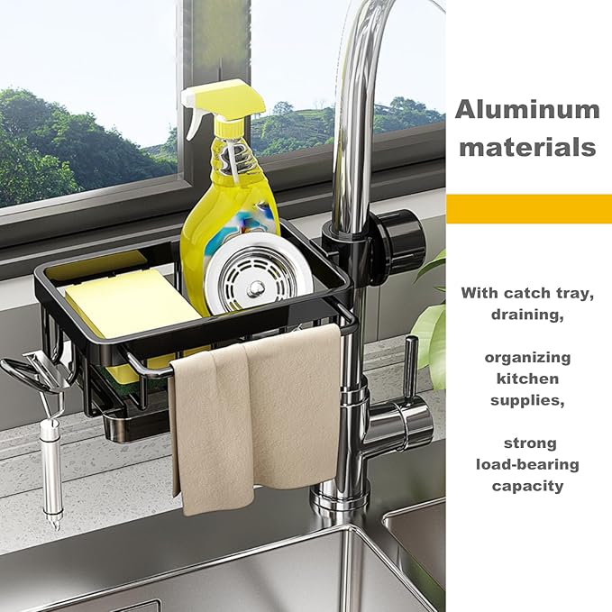 Sink Organizer Rack for Kitchen and Bathroom, 2024 New Stainless Steel Detachable Hanging Faucet Drain Rack with Drip Tray Faucet Sponge Holder for Bathroom, Scrubbers, Soap (Black, Left)