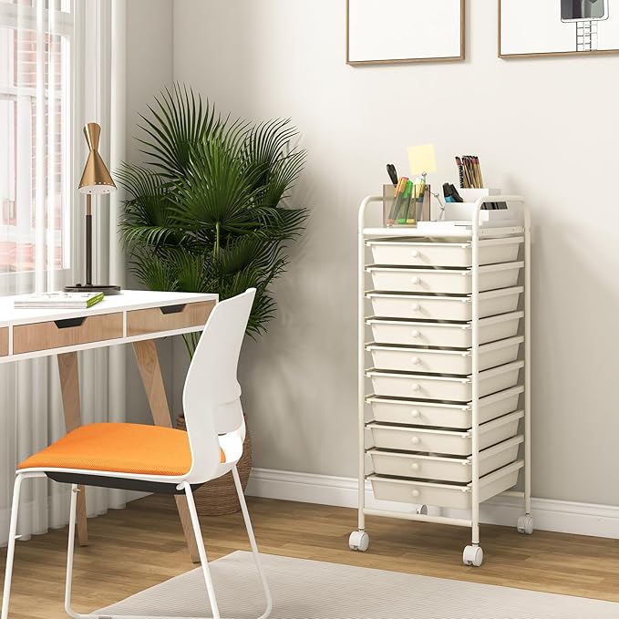 Giantex 10-Drawer Storage Cart w/Universal Wheel, Rolling Cart w/Handle, Home Organizer Storage Unit w/Removable Drawers, Trolley Utility Cart for Kitchen Makeup Living Room Office Play Room, Ivory