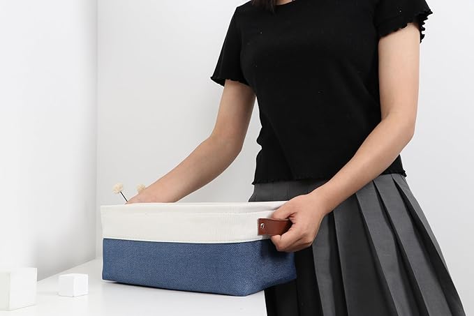 DULLEMELO Small Storage Bin,Small Fabric Rectangular Storage Basket for Shelves,Collapsible Bin for Toy and Clothes Storage (White&Blue,1 Pack)-NeatNest