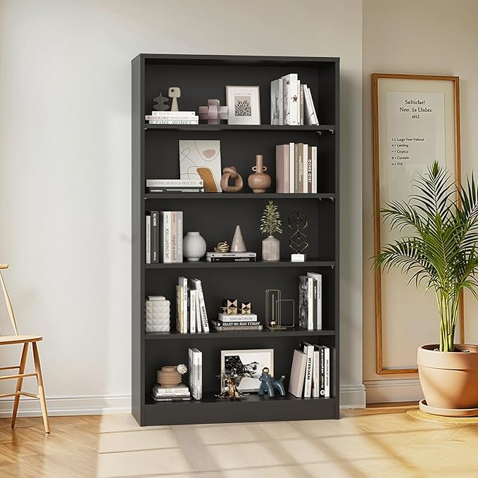 Farini 60 Inch Tall 5-Shelf Bookcase, Wood Bookshelf Storage Organizer Adjustable Shelf for Home Office, Study Room, Easy Assembly,Black