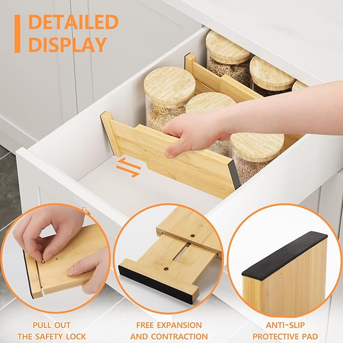 BAMEOS 4" High Bamboo Drawer Dividers - Adjustable Small Drawer Organizer - Kitchen, Dresser, Bathroom, Bedroom & Office - 4-pack-NeatNest