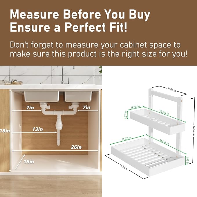 Bamboo Under Sink Organizer and Storage, 2 Tier Pull Out Cabinet Organizer, Slide Out Under Sink Storage Shelf, Undersink Organizers Shelves for Kitchen Bathroom Organization(White, 2 Packs)-NeatNest