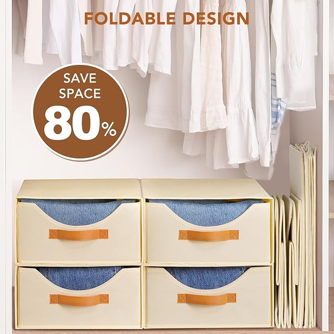 4 Pcs Closet Drawers and Large Size Clothes Storage Bins Push-Out Storage Stackable Shelf Drawers with See-Through Window Closet Organizers for Bedroom, Living Room, Under Bed, Beige-NeatNest