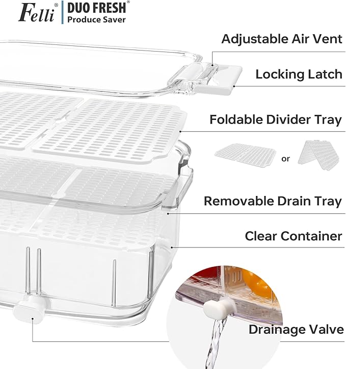 Felli Duo Fresh Produce Saver, ALL IN ONE Fridge Fruit Vegetable Container for Wash & Store with Vent & Drain Trays, Colander Strainer Bin for Refrigerator, Watermelon Berry Storage Keeper, Gifts