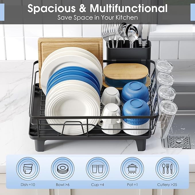 Dish Drainers for Kitchen Counter - Large Capacity Dish Drying Rack with Drainboard, Rustproof & Sturdy Design, Black Dish Rack Perfect for Plates, Cups & Kitchen Countertop Organization
