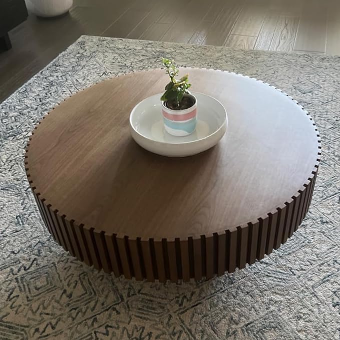 kevinplus 39.37'' Walnut Round Coffee Table for Living Room, Modern Wood Contemporary Circle Fluted Drum Style, Easy Assembly, Walnut (ø39.37'' x 13.42'')