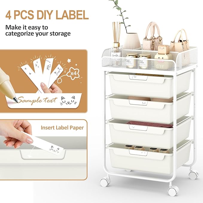 Rolling Cart with 4 Drawers,Craft Cart,Rolling Storage Cart with Drawer,Storage Cart with Drawers, Utility Cart with Drawers,Rolling Drawer Cart & 4 Dividers & 4 PCS DIY Lable,White