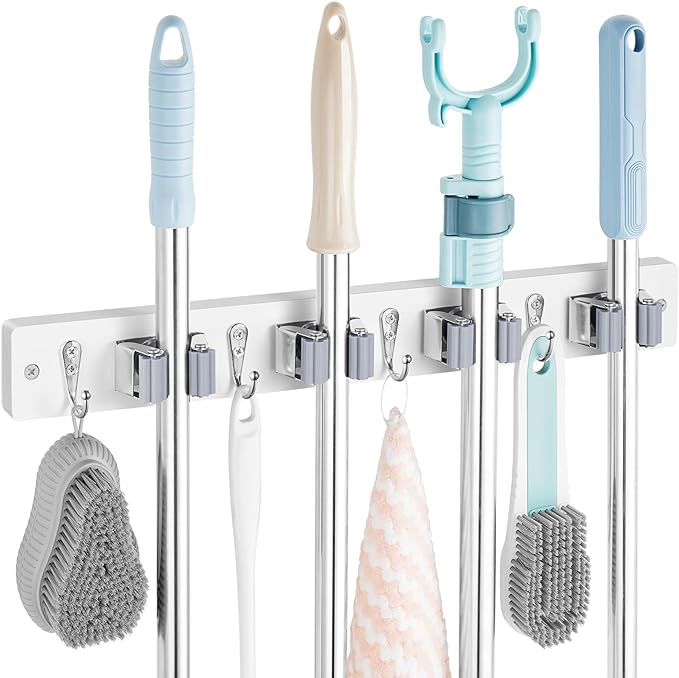 White Mop Broom Holder Wall Mount with 4 Slots & 4 Hooks - Wood Broom Mop Hanger for Pantry Closet Laundry Room Organization - Heavy Duty Garden Tool Organizer - White Kitchen Decor-NeatNest