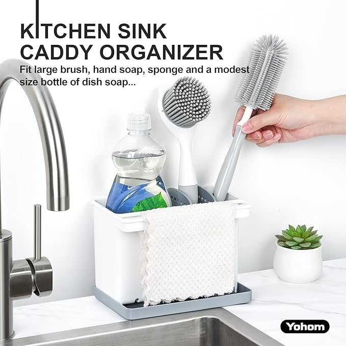 YOHOM Sink Brush Holder for Kitchen Sink Sponge Caddy Countertop Organizer Plastic Dish Scrubber Holder with Dividers-NeatNest