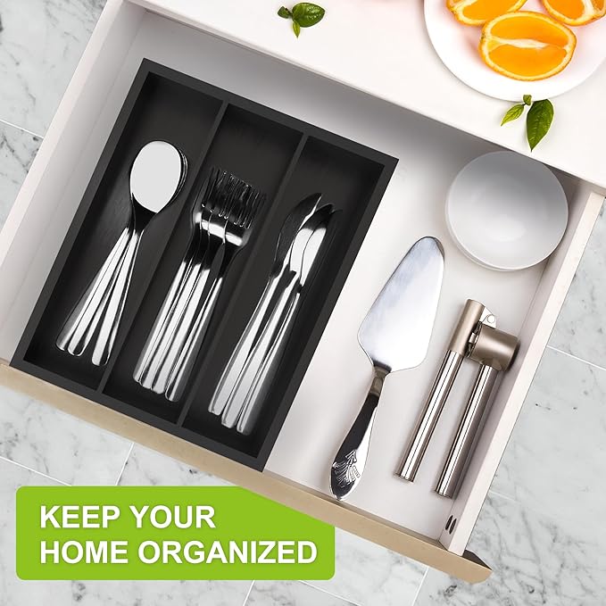 Bamboo Utensil Drawer Organizer, Silverware Tray Organizer, Kitchen Drawer Organizer for Flatware Cutlery (Black, 3 Slots)-NeatNest