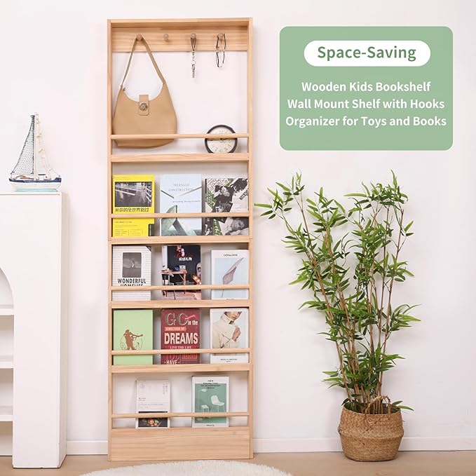 Wooden 5 Tiers Kids Bookshelf, Wall Mount Shelf with Hooks, Organizer for Toys and Books (Nature)