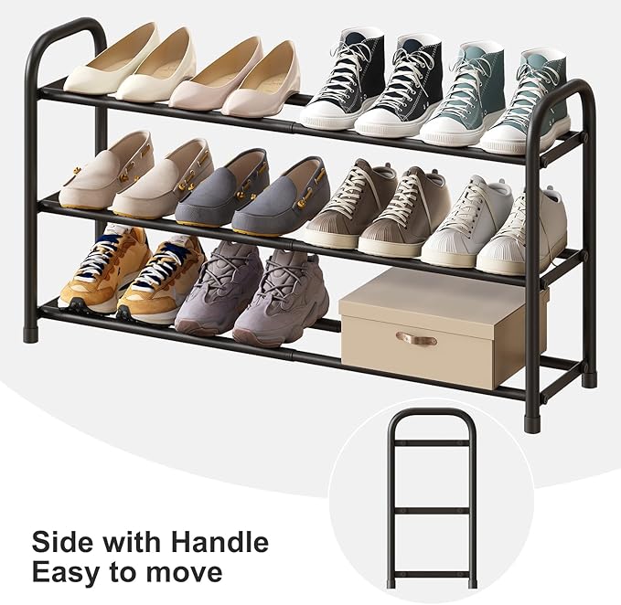 Shoe Rack for Closet, 3-Tier Expandable Shoe Organizer, Metal Adjustable Black Shoe Shelf Storage Organizer, Free Standing Shoe Rack for Entryway Closet Doorway-NeatNest
