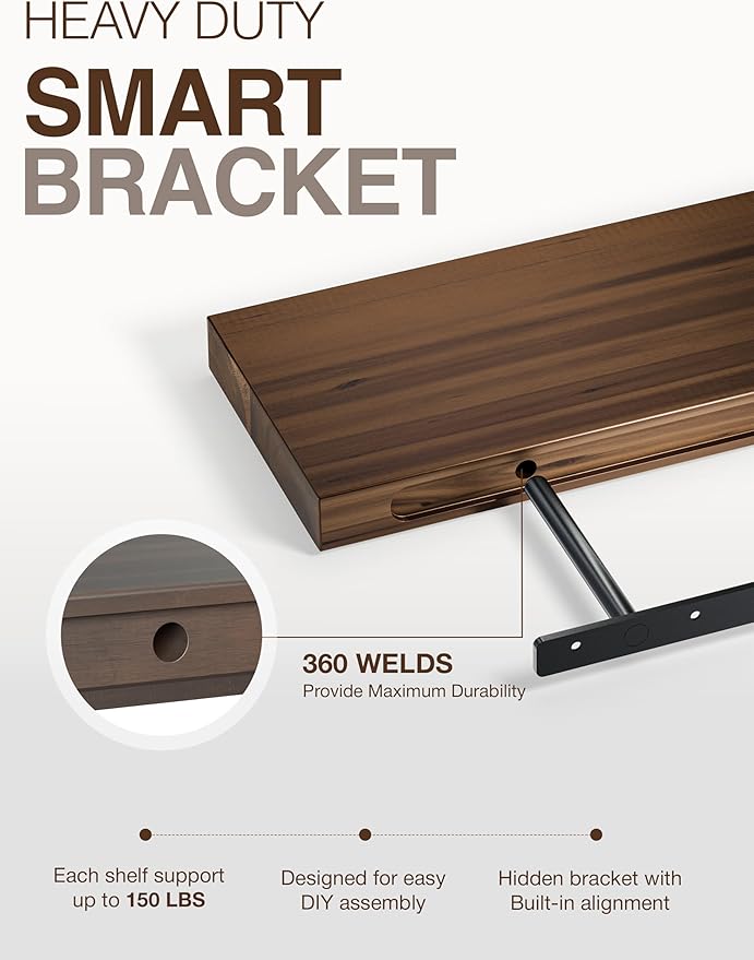BATODA Set of 2 36" Acacia Floating Shelves for Wall – Rustic Farmhouse Floating Shelves - Wooden Wall Storage Shelf Home Décor - DIY Floating Book Shelves - with Brackets & Hardware (Walnut Color)-NeatNest