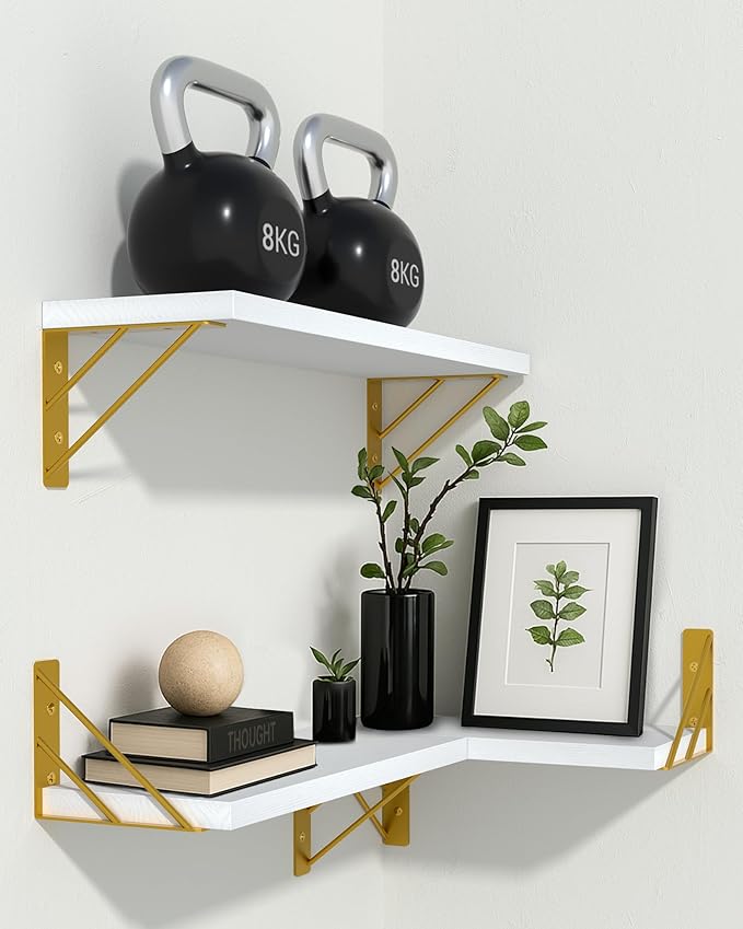 BAYKA Wall Shelves for Bedroom Decor, Floating Wall Shelves for Living Room Kitchen Storage, Wall Mounted Rustic Wood Shelves for Kids Books,Corner Shelves for Bathroom(White and Gold,Set of 3)-NeatNest