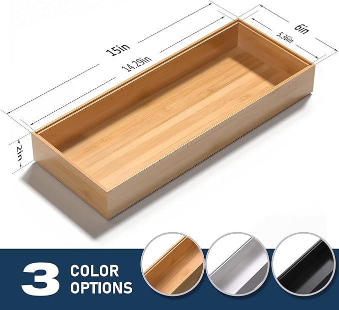 Bamboo Drawer Organizer, Stackable Utensil Organizer for Kitchen, Bamboo Storage Box Wood Silverware Tray for Drawer 15" x 6" x 2" Set of 2-NeatNest
