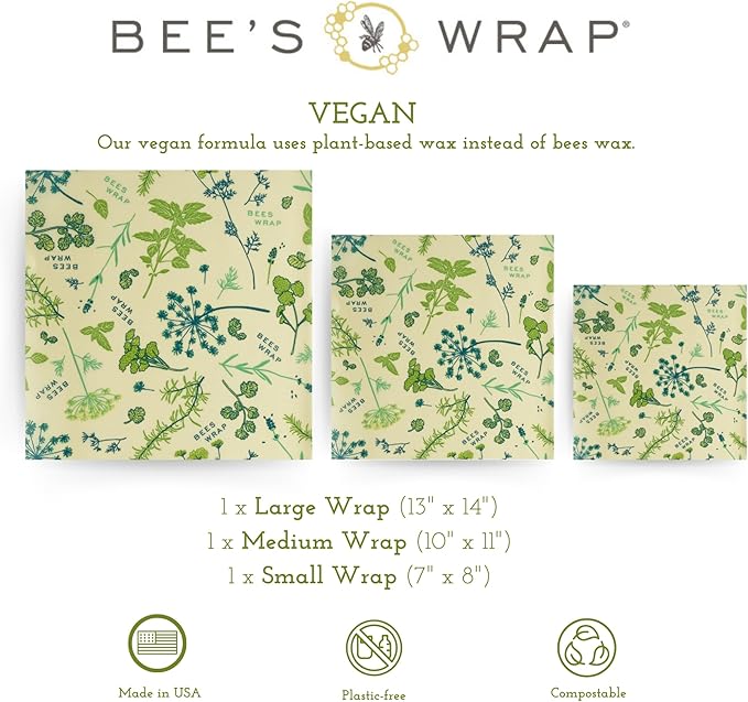 Bee's Wrap Vegan Beeswax Wraps for Food - Vegan Herb Garden 3 Pack (S, M, L) Made in USA Reusable & Organic Food Wraps, Sandwich Wrap & Bowl Covers - Eco Alternative to Aluminum Foil & Plastic Wrap-NeatNest