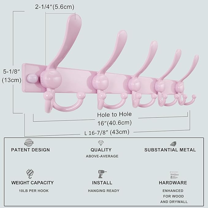 Dseap Coat Rack Wall Mount 2.0 Pro: Heavy Duty 300% Thicker, 16" Stud Mount, Stainless Steel Wall Coat Hooks Hanger for Clothes Jackets Hats Entryway Closet, MaxStrong Series, Pink