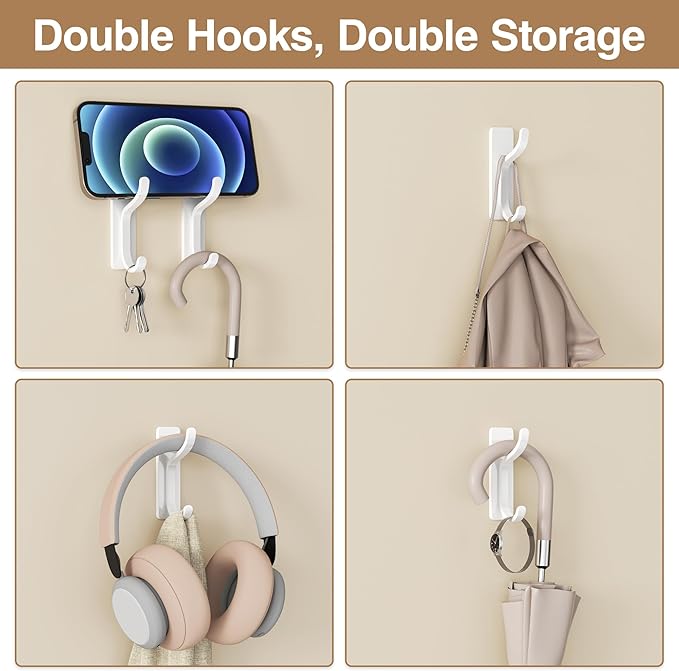 10-Pack Self Adhesive Wall Hooks for Hanging - 13 LB Strong Hold, Sticky Hangers for Coat, Towel, Purse, Keys, Bag - for Wall, Door, Bathroom, Shower, Dorm, Kitchen - Stainless Metal, White