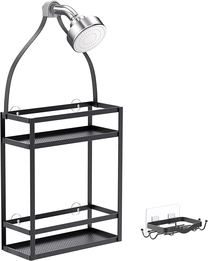 Meangood Shower Caddy Organizer with Soap Holder,Mounting Over Shower Head Or Door,Extra Wide Space for Shampoo, Conditioner, and Soap with Hooks for Razorsand More, Matte Black