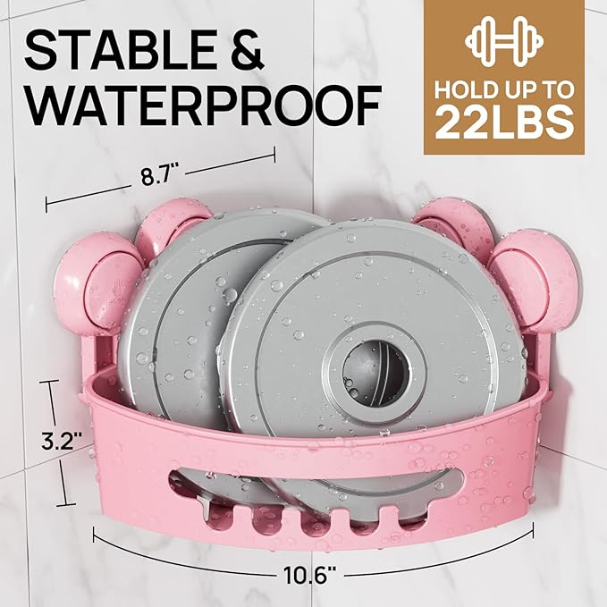 LEVERLOC Corner Shower Caddy Suction Cup, Shower Caddy Basket Powerful Suction Bathroom, Waterproof & Rustproof Organizer for Bathroom Storage, No-Drilling Removable (Pink)