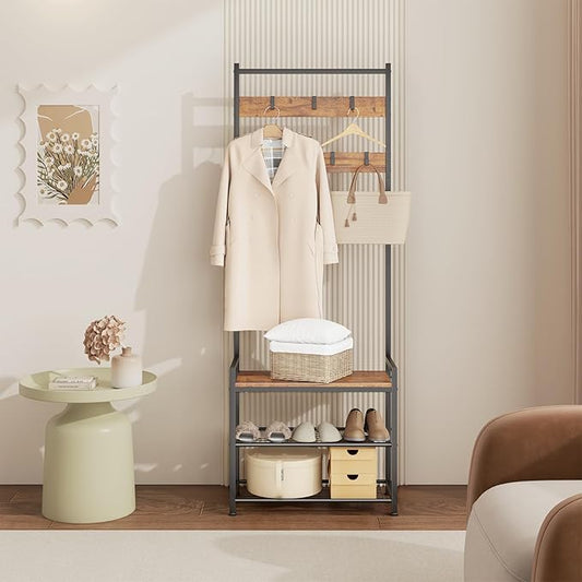 Coat Rack Hall Tree with Shoe Storage, Entryway Hall Tree Storage Bench, Wood Look Accent Furniture with Metal Frame, 3-in-1 Design, Rustic Brown-NeatNest