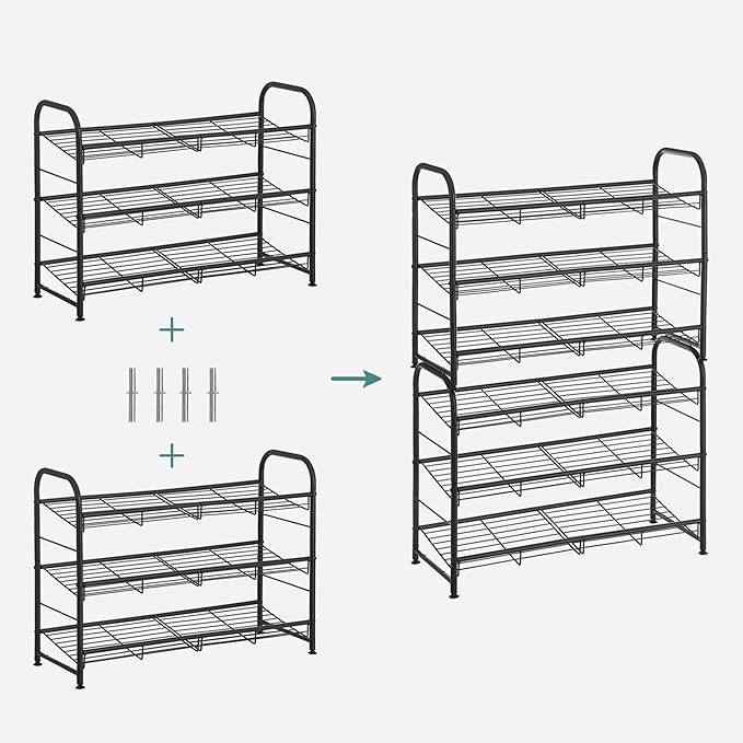 SONGMICS Shoe Rack, 3 Tier Shoe Organizer for Closet, Holds up to 12 Pairs of Shoes, Shoe Rack for Front Door Entrance, Metal Shoe Shelf with Adjustable Tilt Angle, for Entryway, Garage, Black-NeatNest