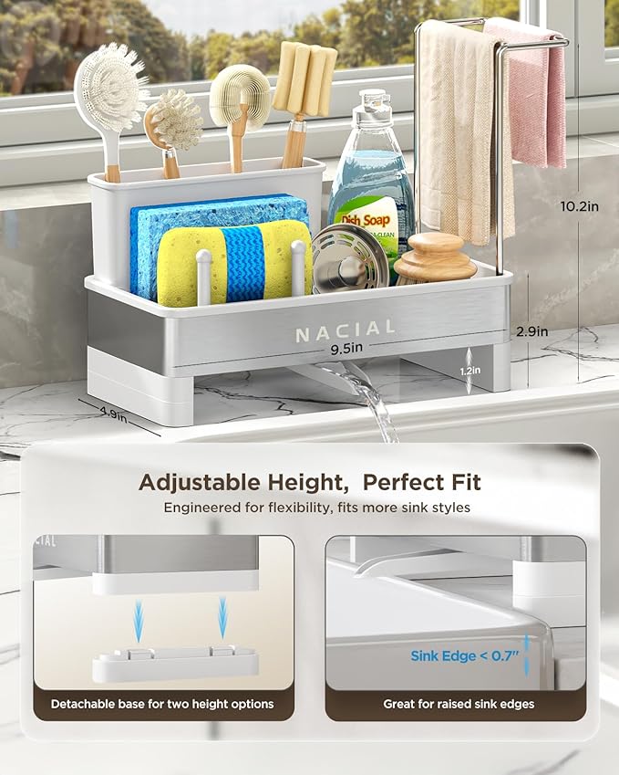 Nacial Sponge Holder for Kitchen Sink, Sink Caddy Organizer with High Brush Holder, Two Towel Racks & Soap Dispenser- Rustproof 304 Stainless Steel Kitchen Countertop Storage Essentials - White-NeatNest