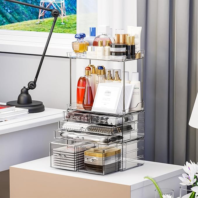 Yieach Bathroom Counter Organizers and Storage,Clear Acrylic Makeup Organizers with Drawers for Vanity,Bedroom,Plastic Skincare Organizer for Dresser Top Beauty,Cosmetic,Lotion and Perfume Organizer-NeatNest