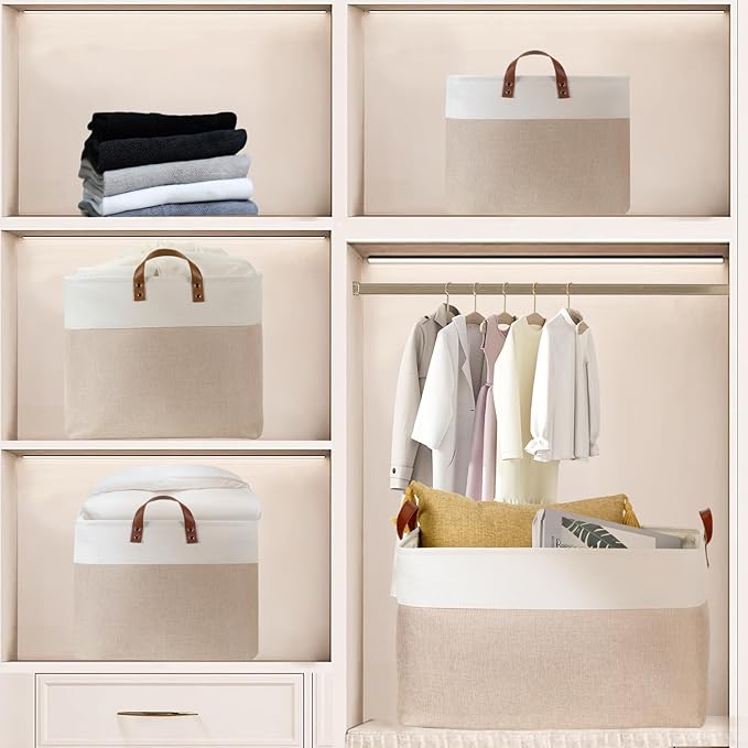 DULLEMELO 70L Extra Large Storage Bin, 22" x 15" x 13" Oversized Storage Basket, Collapsible Storage Box, Fabric Clothes Toys Blanket Basket for Shelves, Laundry, Nursery (White&Khaki)-NeatNest