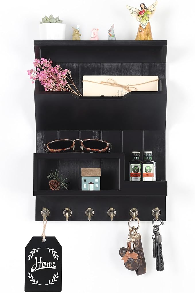DOPACE Key Holder for Wall, Mail Organizer Wall Mounted, Mail and Key Organizer with 6 Key Hooks for Entryway and Home Decor, Black