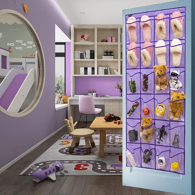 Modern Over the Door Shoe Rack Organizer with 24 Clear PVC Pockets, Purple-NeatNest