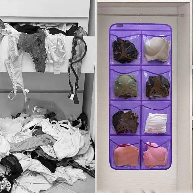 Dual-Sided Hanging Closet Organizer for Socks Underwear Bra Kids Storage Organizer for Baby Clothes Toddler Shoes with 26 Pockets (Purple-Clear Pockets)-NeatNest