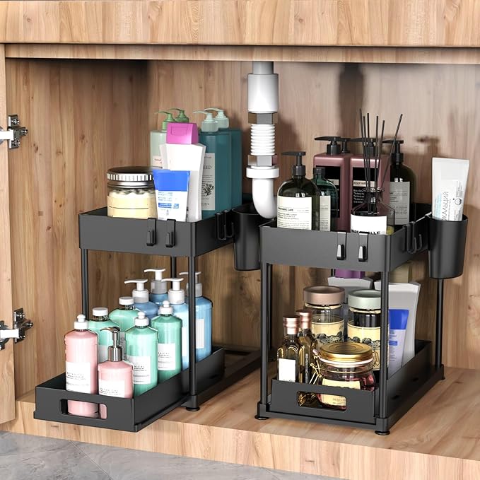 Under Sink Organizers and Storage, 2 Pack Large Capacity Heavy Load Pull-out Under Sink Shelves with Sliding Drawer for Kitchen and Bathroom, Black, 12 x 8.7 x 15.7 inch-NeatNest