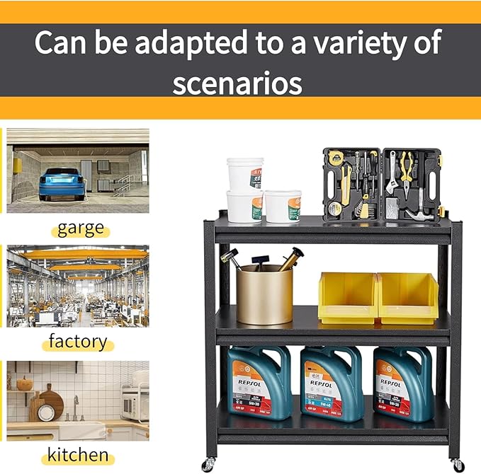 3-Tier Garage Storage Shelves,Heavy-Duty Unit with Wheels,Easy to Assemble Adjustable Metal Garage Shelving for Kitchen Warehouse Tool Room(Size:80cmX40cmX80cm)