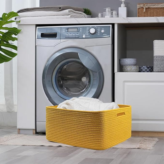 COMFY-HOMI Cotton Rope Woven Basket with Handles for Shelves,Toys,Book, Cloth Storage Baskets for Organizing-17" x 13" x 7.5" Toy Decorative Organizer for Living Room, Bathroom (Yellow)-NeatNest
