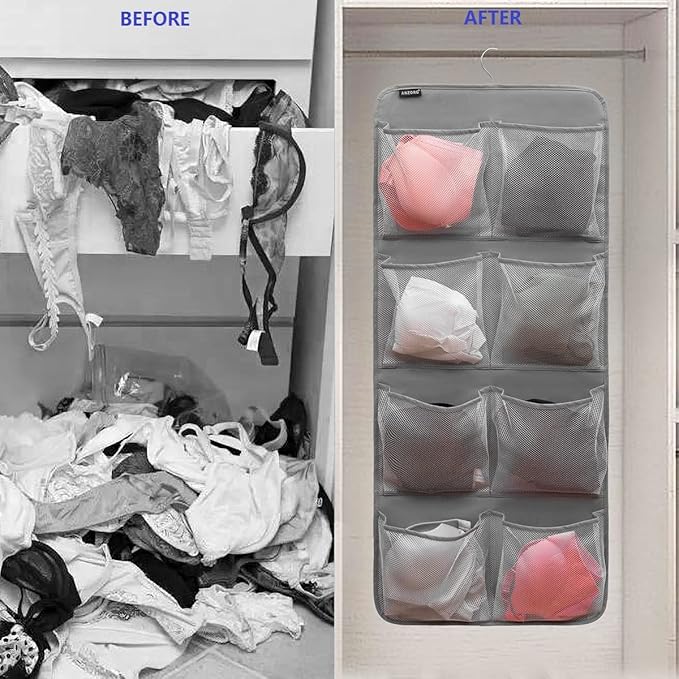 Dual-Sided Hanging Closet Organizer for Socks Underwear Bra Kids Storage Organizer for Baby Clothes Toddler Shoes with 26 Pockets (Grey-Mesh Pockets)-NeatNest