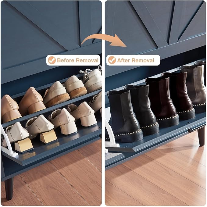 Shoe Storage Cabinet,Farmhouse Shoe Organizer with 2 Flip Drawers & Barn Door Design,Freestanding Hidden Slim Narrow Shoe Rack Cabinet with Open Storage for Entryway, Foyer,Hallway,Blue-NeatNest