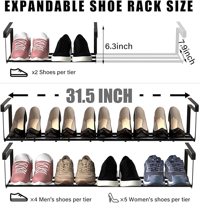 2 Pcs Expandable Shoe Rack Organizer for Closet 16.5-31.5 Inch Adjustable Retractable Hanging Cabinet Shoe Shelf Dorm Room Storage for Space Saving (Black)-NeatNest