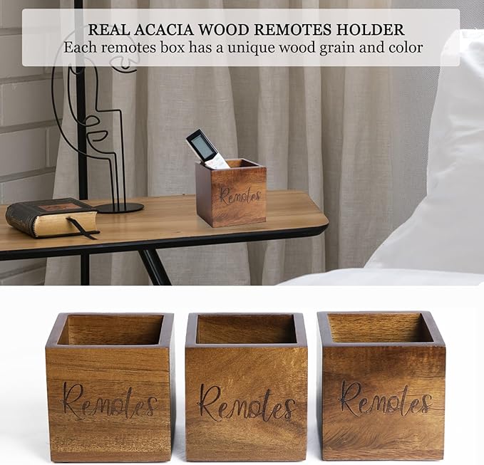 Acacia Wood TV Remote Holder, Caddy and Organizer for Table, Vintage Farmhouse Desk Caddy (Brown for 2 or 3 Remote Controls)-NeatNest